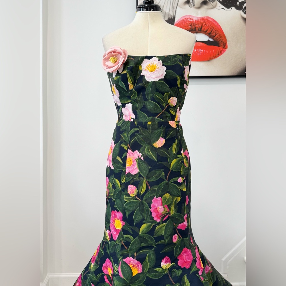 Oscar de la Renta Floral Print Strapless Gown Camellia Faille Mermaid Long Dress - Picture 7 of 16